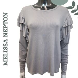 Melissa Nepton Light Grey Knit Top with Shoulder Ruffle Detail | Size Medium